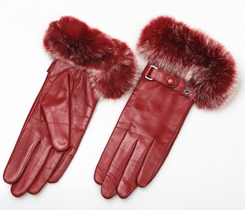 Mjuk Lammnappa Med Kanin Fur Cuff Vinröd